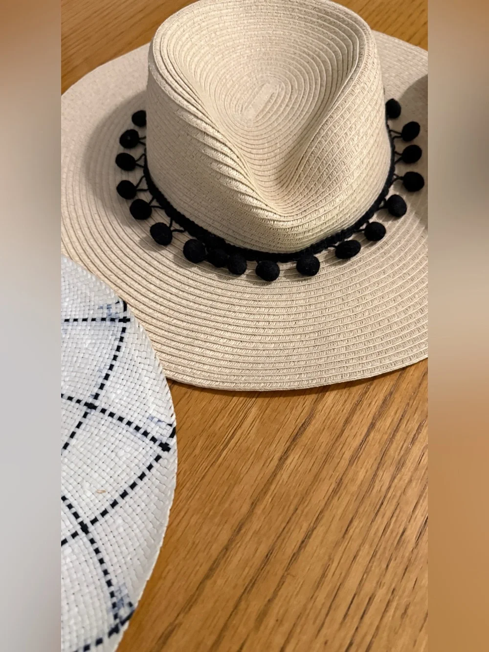 World Market Straw Sun Hat Lot 3 Pc Fedora Panama Wide Brim Pom Pom